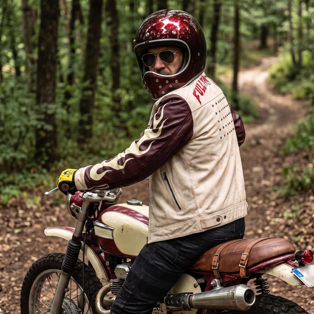 森の中でバイクにまたがり佇む男性の画像