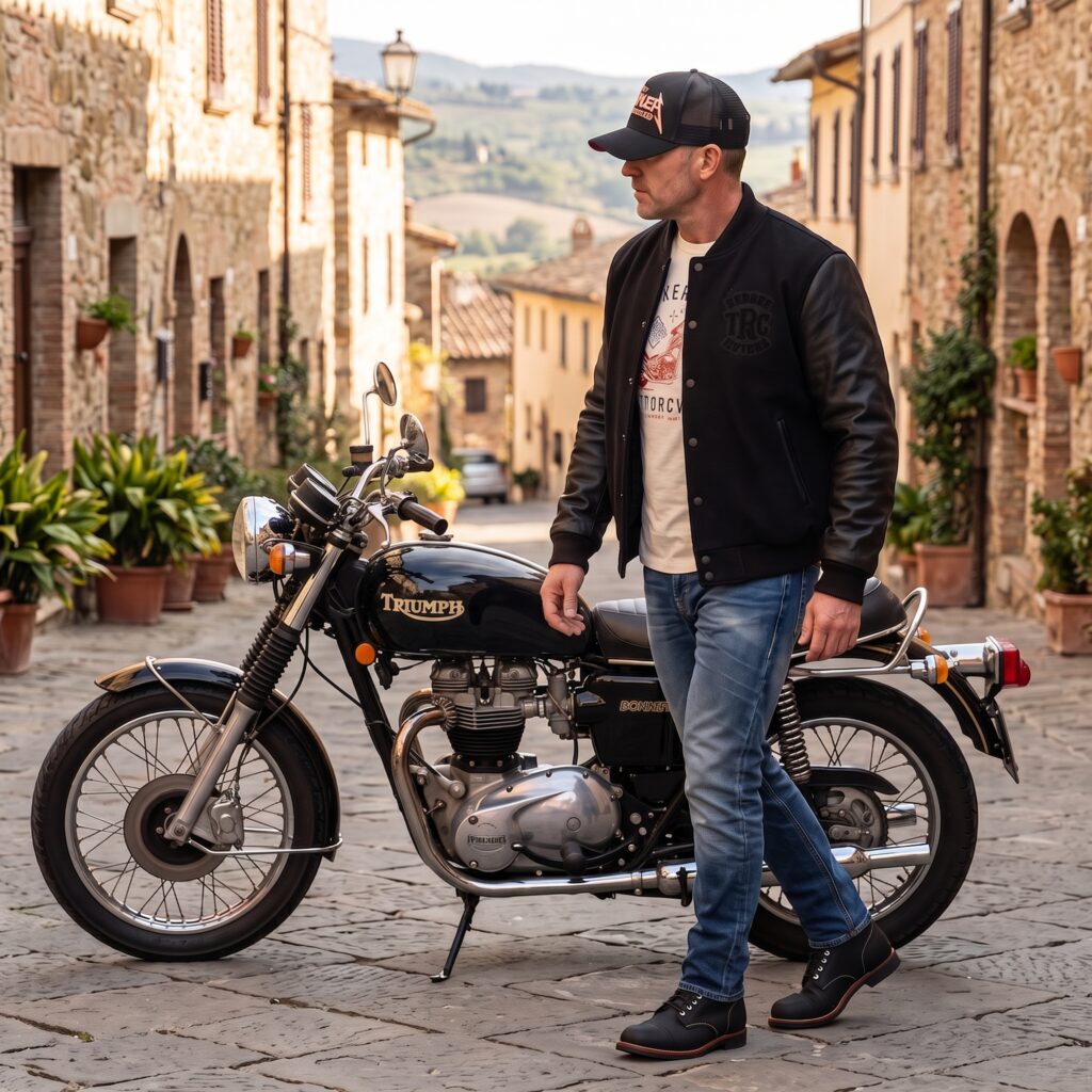 バイクの脇を歩く男性の画像